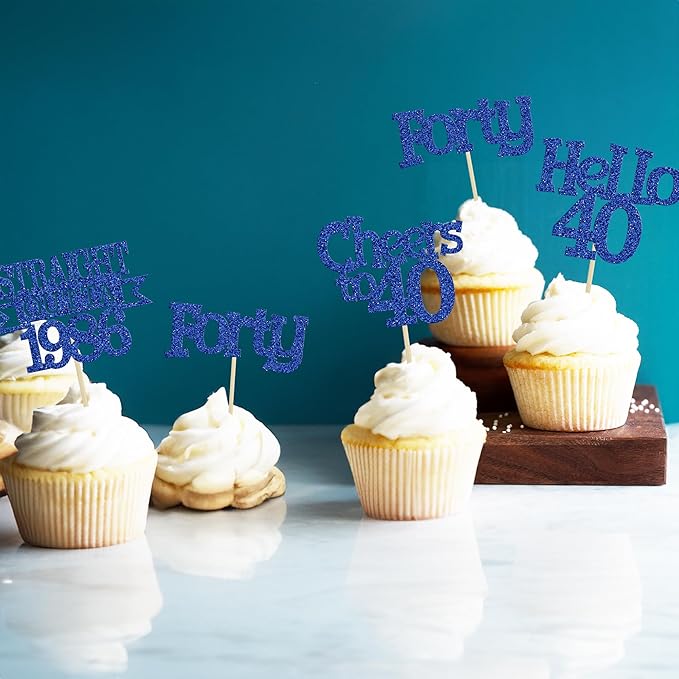 Ephlyn 24Pcs Happy 40th Birthday Cupcake Toppers Glitter Forty Straight Outta 1986 Cupcake Picks Hello 40 Cheers to 40 Years Birthday Cake Decorations for 40th Birthday Anniversary Party Supplies Blue