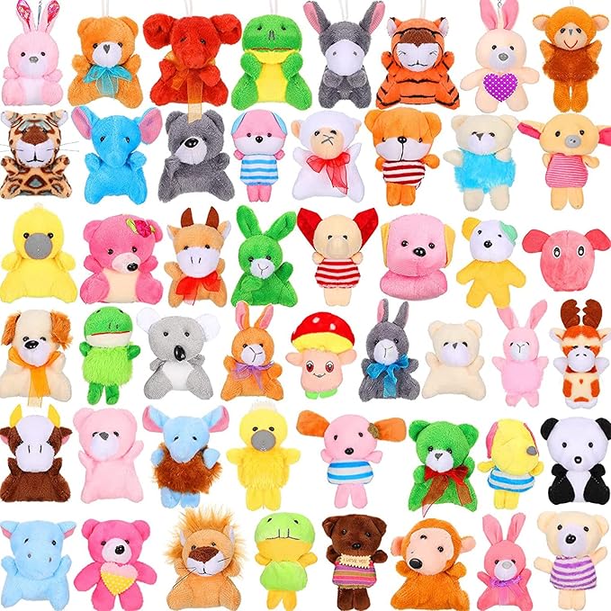 Skylety 50 Pcs Mini Stuffed Animals Bulk Cute Safari Jungle Small Plush Doll Toy Set Tiny Plush Keychain Decoration for Easter Party Favor Gift Carnival Classroom Prize(Cartoon Animals,Bright Color)