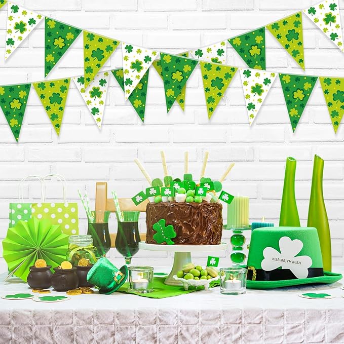 HESTYA 5 Pcs 49ft St. Patrick's Day Banner Luck Green Shamrock Garland Banner Irish National Day Pennant Banners Triangle Flags Patrick's Decorations for Outdoor Indoor Home Irish Party Supplies