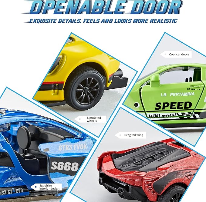 KIDAMI Pull Back Cars for Kids, Sports Car Die Cast Metal Toy Cars Playset with Door Openable, Vehicles Race Toys for Toddlers, Boys, Girls’ Educational Play (4 Pack)