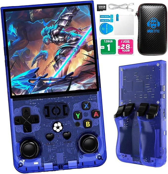 R36MAX Retro Handheld Game Console,Retro Gaming Console with 18000+ Games 128GB Card,4 Inch IPS Screen, Portable Video Gaming, Plug and Play Gameboy for Adults(Purple Blue)