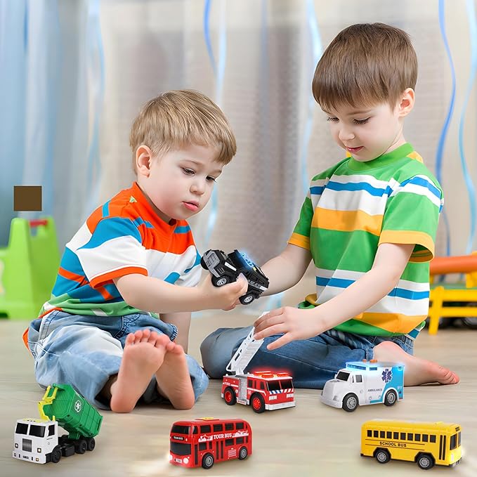 Toy Cars for Toddlers - 6Pcs Pull Back Cars Toys with Light and Sounds, City and emergency vehicles set, Including Police Car, Fire Truck, Ambulance, School bus, Tour Bus, Garbage Truck