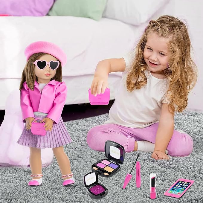 American 18 Inch Doll Makeup Accessories And Clothes,Tote Bag Set For 18" Dolls Include Berets Outfits Sunglasses Phone Eye Shadow Lipstick Blusher Bracelets Eyelash Brush Toy Stuff(No Doll And Shoes)