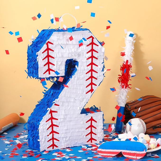 HyDren Baseball Piñata Baseball Party Decorations Number Piñata with Bat, Blindfold and Confetti, 16 Inch Sports Themed Birthday Party Supplies for Celebration Events(Number 2)