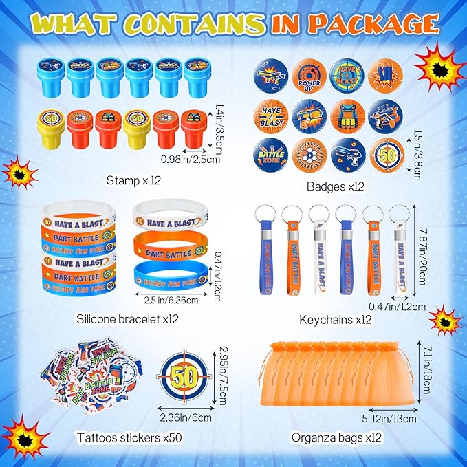 Honoson 110 Pcs Dart Battle Party Favors Supplies Battle Theme Stickers Temporary Tattoos Silicone Bracelets Keychains Badge Stamps with Organza Bags for Birthday Gifts Baby Shower Goodie Bag Fillers