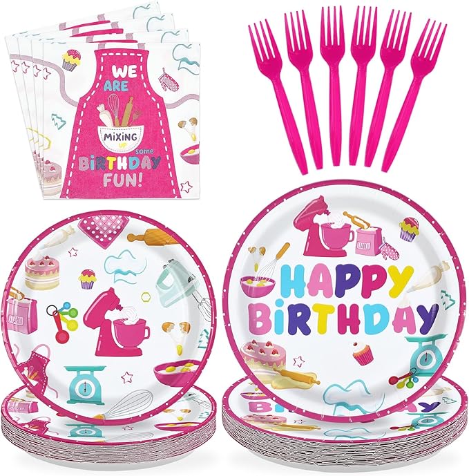 96Pcs Baking Birthday Party Supplies Pink Baking Plates and Napkins Pink Bakery Macaron Tableware Sets for Girls Kids Bakers Happy Birthday Baby Shower Party Decorations, Serves 24