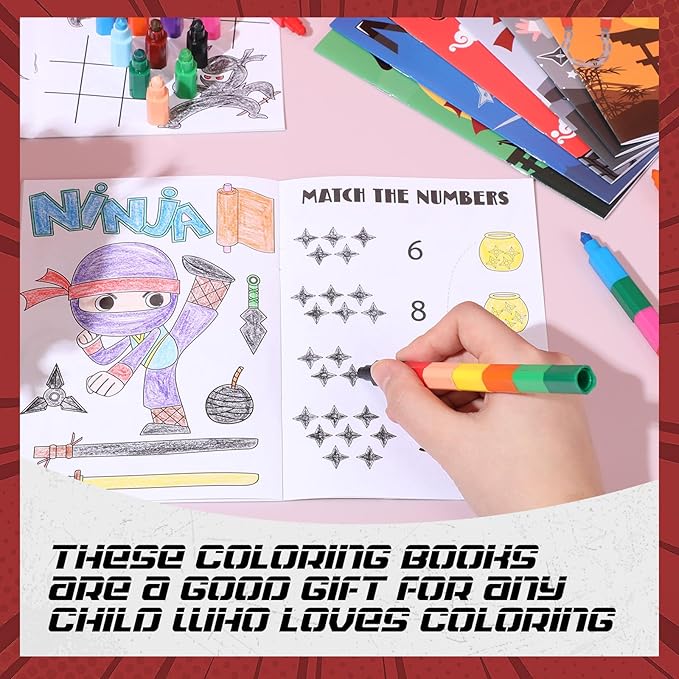 24 Ninja Coloring Book with 24 Stacking Crayons for Kid Mini Drawing Book Bulk Party Favor for Valentine‘s Day Party Supplies Goodie Bag Stuffer Carnival Prize Classroom Gift