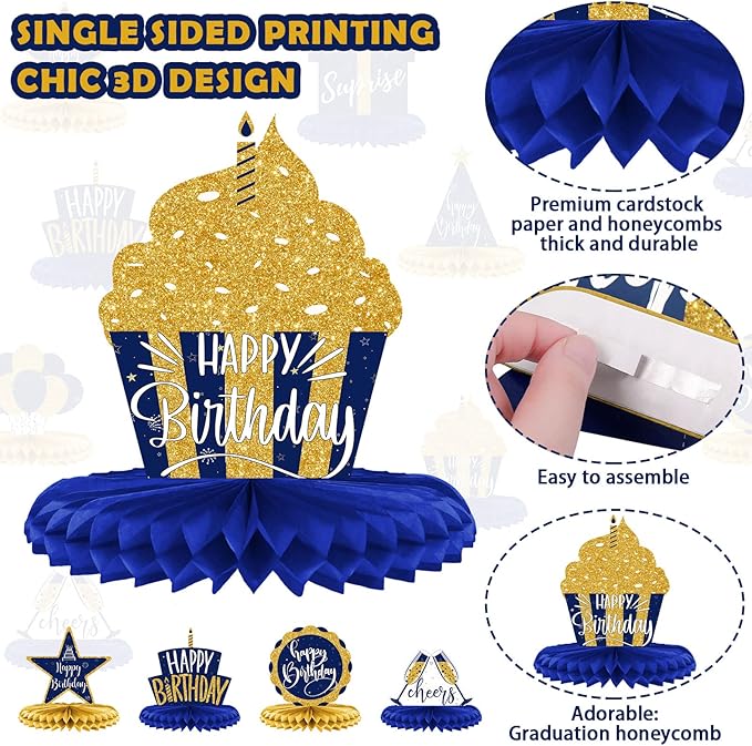 Spakon 8 Pieces Blue Gold Happy Birthday Table Decorations Happy Birthday Honeycomb Centerpieces Glitter Table Toppers Blue and Gold Party Decorations for Men and Women Party Supplies