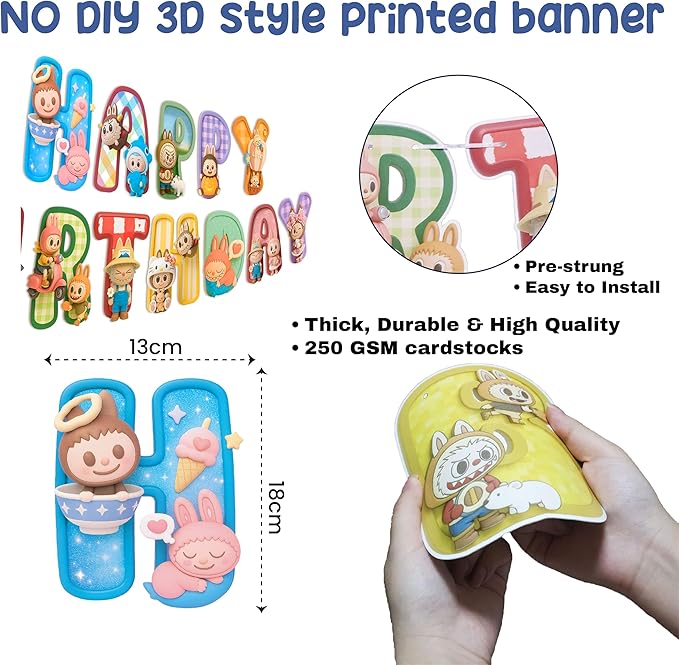 IndoTribe Pink Happy Birthday Banner - Pre-Strung,No DIY Cute Cartoon Theme Happy Birthday Sign Birthday Decorations for Girls Reusable Happy Bdy Backdrop for Women