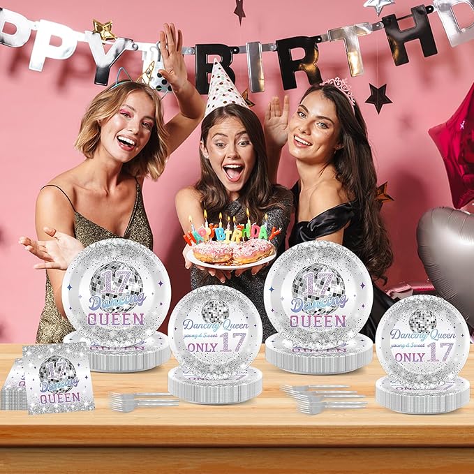 CHUNNIN 96Pcs Dancing Queen Plates and Napkins for 17 Birthday Party Decorations for Girls Silver 17 Year Old Dessert Plates Dancing Queen Tableware Set for 24 Guests 17 Birthday Party Supplies