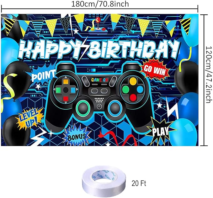 Game Birthday Party Decoration Gaming Happy Birthday Backdrop Photo Background Banner Poster for Game Party Decorations Party Supplies 70.8 x 47.2 Inch