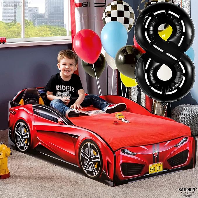 KatchOn, Giant Number 8 Check Balloon - 40 Inch | 8 Construction Balloon Decor | 8th Road Birthday Decorations | Number 8 Road Balloons for 8th Birthday Racing Decorations Boy