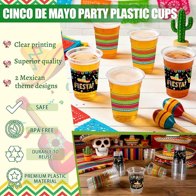 Cinco De Mayo Decorations Plastic Cups - 50pcs 12 Oz Plastic Clear Mexican Cups Disposable Drinking Cups For Fiesta Mexican Taco Bar Birthday Party Supplies Decorations