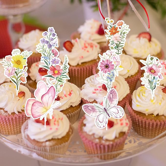 Wildflower Birthday Party Decorations - 40PCS Butterfly and Flower Baby Shower Cupcake Toppers Floral Baby in Bloom Cupcake Picks Decoration for Girls Women