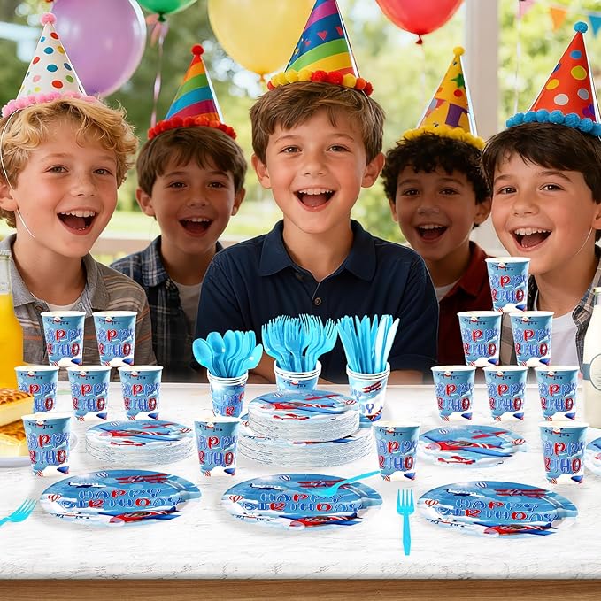 168Pcs Airplane Birthday Party Supplies Red and Blue Airplane Plates Napkins Cups Little Explorer Tableware Sets Pilot Plane Theme Decorations for Baby Shower Birthday Party Decorations Serves 24