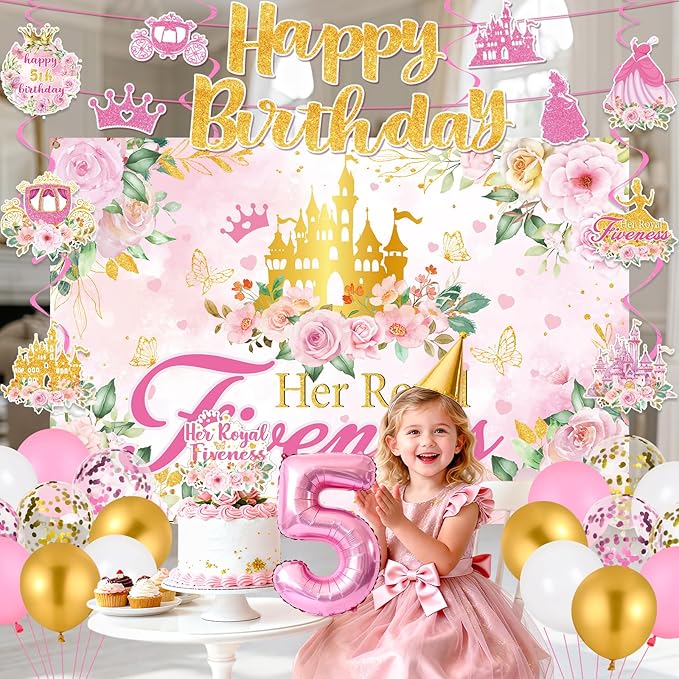 Princess 5th Birthday Party Decorations, Her Royal Fiveness Birthday Banner Pink Princess 5th Backdrop Banner Hanging Swirls Balloons Cake Topper for 5 Years Old Girl Bday Party Supplies