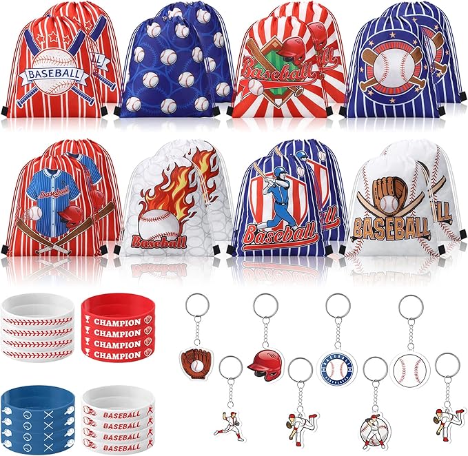 Talltalk 48 Pcs Baseball Party Favors Baseball Gift Goodie Bags Sports Team Gifts Toys with Drawstring Backpack Snacks Candy Treat Bags Wristband Keychain for Sports Birthday Party Supplies Decor
