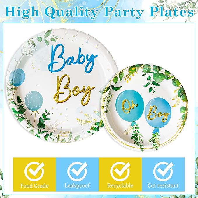 96Pcs It's a Boy Greenery Baby Shower Party Plates Supplies - Sage Green Watercolor Blue Balloon Party Tableware Decorations Disposable Paper Plates Napkins Fork for Birthday, Serves 24 Guests