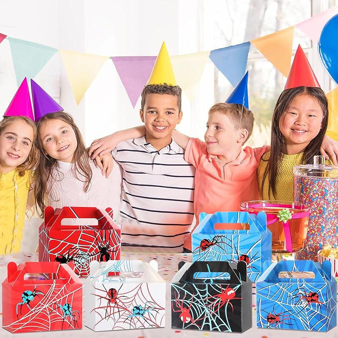 24Pcs Spider Party Favors Boxes Spider Web Paper Treat Box Birthday Supplies Red Blue Black Color Goodie Gift Boxes for Kid Boy Birthday Baby Shower Game Party Table Decoration 6 x 3.5 x 3 inches