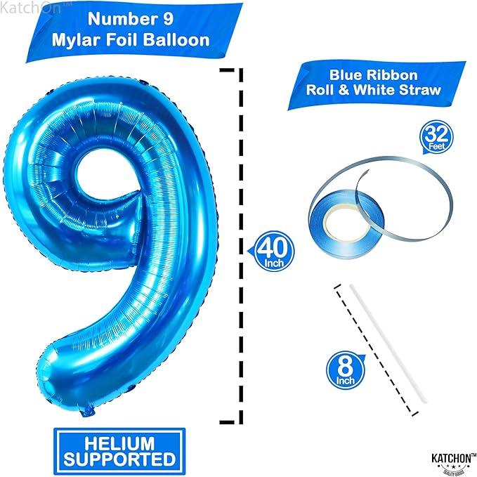 KatchOn, Giant Blue Number 9 Balloon - 40 Inch | Foil 9 Birthday Balloon for 9th Birthday Decorations | 9th Anniversary Decoration | Blue Party Decoration