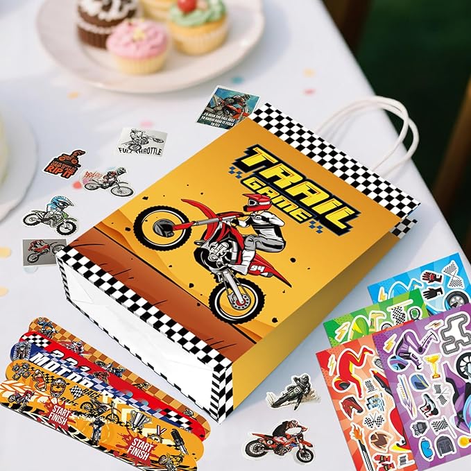 Motorcycle Birthday Party Favors Bags Fillers, 110pcs Dirtbike Party Goodie Bag Bracelets Stampers DIY Motorcycle Stickers etc Dirt Bike Birthday Party Decorations Supplies