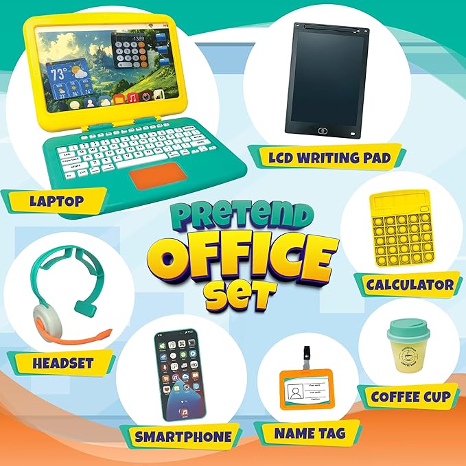 Pretend Play Home Office Set for Kids Ages 3-5-7 | Features Toy Laptop Computer, LCD Writing Tablet, Pop Fidget Calculator, Cell Phone, Headset & Toddlers Beverage Cup