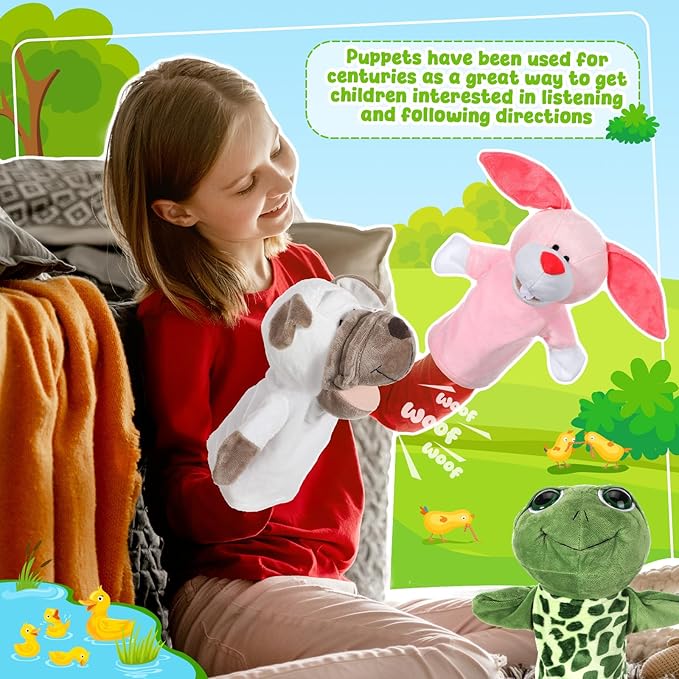 4 Pcs Hand Puppet Animal with Working Mouth 9.8 Inch Animal Puppet Soft Plush Toy for Storytelling Theater Preschool Birthday Gifts (Turtle, Rabbit, Pig, Dog)