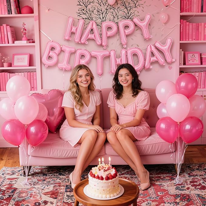 Pink Happy Birthday Banner Balloon Aluminum Foil 16in Letter, 12in Latex Balloons, 11.8in Long Balloons, 16in Love Heart Aluminum Foil Balloon, Men, Women, Party Decoration Supplies (Pink)