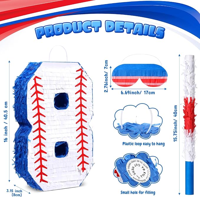 HyDren Baseball Piñata Baseball Party Decorations Number Piñata with Bat, Blindfold and Confetti, 16 Inch Sports Themed Birthday Party Supplies for Celebration Events(Number 8)