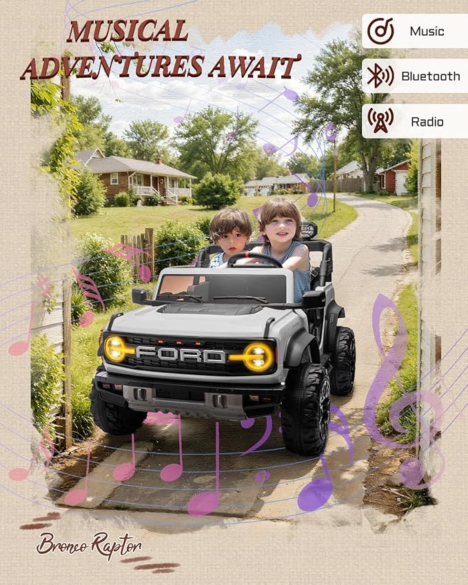 First Ride On Licensed Ford Bronco Raptor 24V 2 Seater Kids Ride on Toys, Battery Powered Electric Ride on Car, Remote Control Electric Car w/Led Lights, Music, High Low Speed (24V, White)