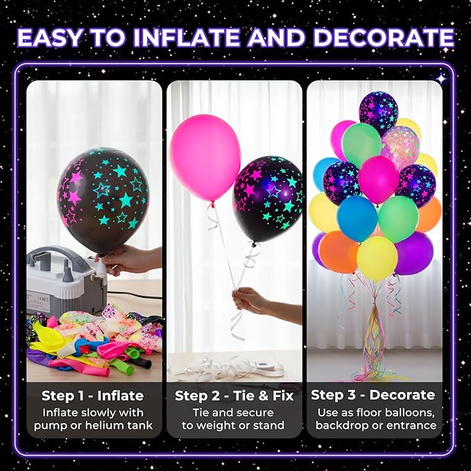 LovesTown 66PCS UV Neon Glow Party Set, 12" Fluorescent Glow Latex Decorations with Stars for Birthday, Wedding & Party Supplies