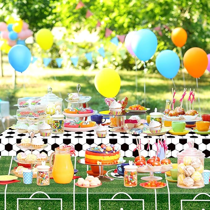 WNINK 2 Pack Plastic Tablecloth - Soccer Party Decorations - Disposable Rectangle Table Cover - Grass Pattern - for Soccer Theme Birthday Party - 54 x 108 Inch