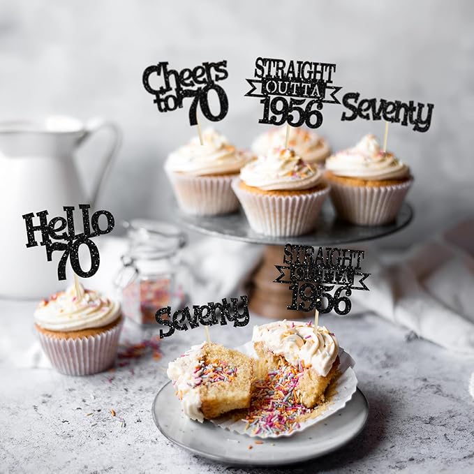Ephlyn 24Pcs Happy 70th Birthday Cupcake Toppers Glitter Straight Outta 1956 Cupcake Picks Hello 70 Cheers to 70 Years Birthday Cake Decorations for 70th Birthday Anniversary Party Supplies Black