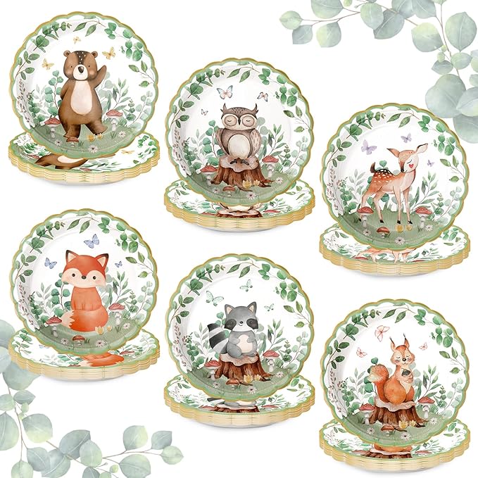 60 Pcs Jungle Safari Baby Shower Plates Paper Boys Girls Woodland Animals Birthday Party Decorations 7 Inch Disposable Zoo Animal Dinnerware Plates for Wedding Jungle Theme Baby Shower Party
