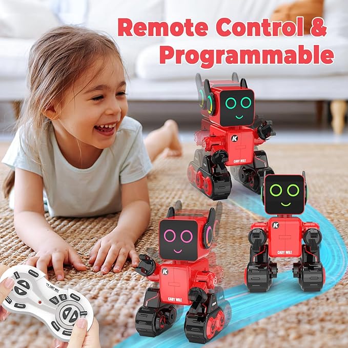 okk Robot Toys for Kids, Programmable Remote Control Robot, Interactive Toys with Coin Bank, LED and Tray, Walking Talking Singing Dancing Gift for Boys Girl（Red）