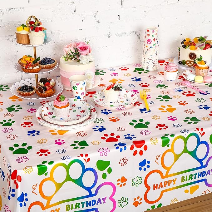 Newwiee 3 Pcs Paw Print Tablecloth Plastic Disposable Colorful Table Cover Puppy Dog Table Cloth Paw Print Party Supplies for Dog Pet Themed Party Decorations Supplies Favors, 51 x 108'' (Colorful)