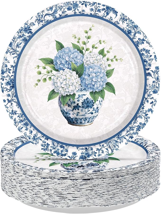 50Pcs Blue Hydrangea Paper Plates 9 Inch Disposable Blue White Chinoiserie Vintage Floral Dessert Plates Spring Tea Party Dinner Plate for Tea Wedding Baby Shower Birthday Bachelorette Decorations