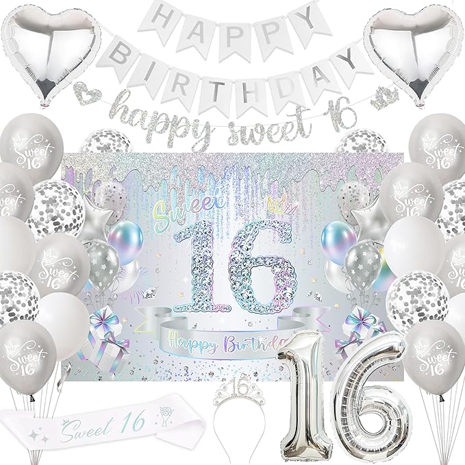 Sweet 16 Birthday Party Decorations for Girls - Colorful Silver 16th Happy Birthday Banner Heart Balloons Number 16, Photo Backdrop Crown Sash Party Supplies for Sixteen Years Old