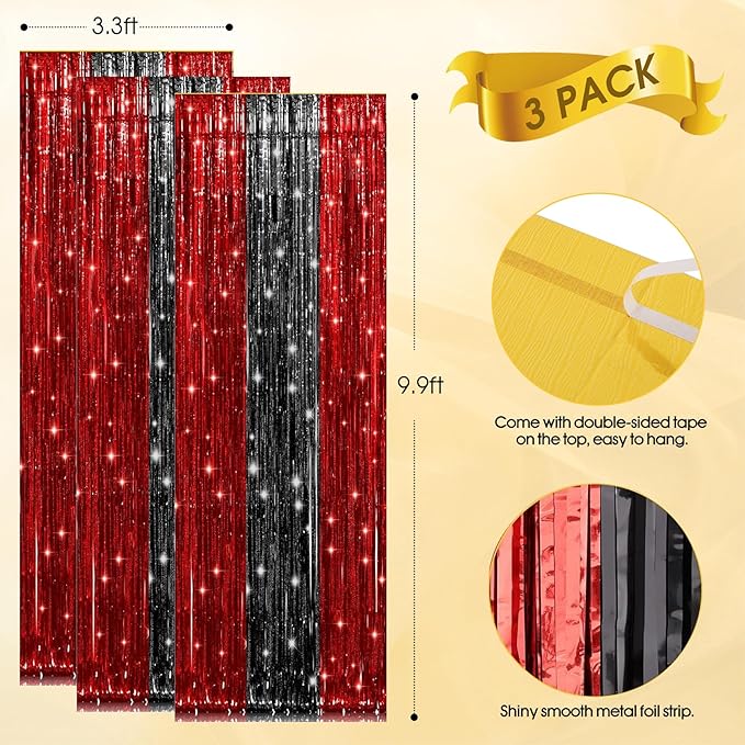 3 Pack Black and Red Backdrop Party Decorations Tinsel Curtain Party Backdrop Foil Fringe Birthday Decorations Photo Booth Streamer for Bachelorette Graduation Party Decorations
