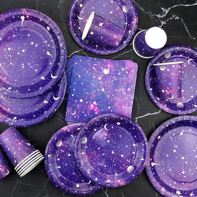 Space Galaxy Outer Party Supplies Tableware Set, Includes 20 9" Paper Plates, 20 7" Plate, 20 9 Oz Cups, 20 Lunch Napkin, for kids Solar System Astronaut Theme Birthday Decoration Serves 20