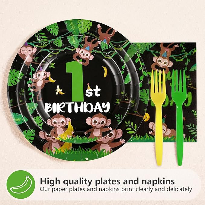 96Pcs Monkey 1st Birthday Party Decorations Our Little Monkey is Turning One Plates and Napkins Happy First Birthday Tableware Set for Wild Jungle Animal Theme Party Supplies Serves 24