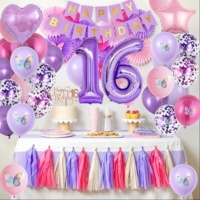 16th Purple Birthday Decorations,Pink Purple 16th Birthday Decorations for Girls Lavender Party Decor Number Foil Balloons Cake Topper Butterfly Stickers for Girls 16 Year Old Party Decorations