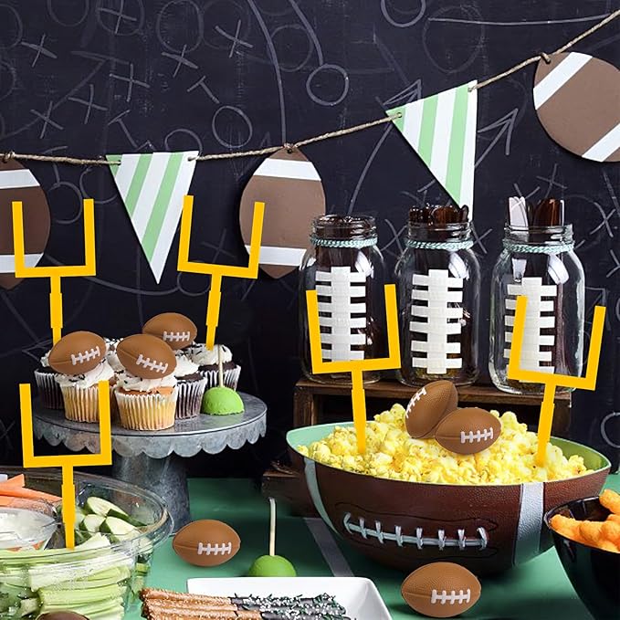Hooqict 12Pcs Football Cake Decorations Set with Mini Football Goal Post Cake Toppers & Cupcake Toppers for Sport Theme Game Day Decorations Tailgate Party Supplies