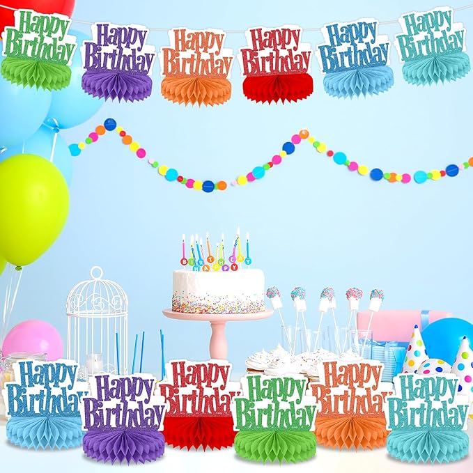 12Pcs Happy Birthday Centerpieces Colorful Birthday Party Decorations Glitter Happy Birthdays Table Honeycomb Centerpieces Decor Table Toppers Ornaments for Glitter Bday Themed Party Supplies Favors