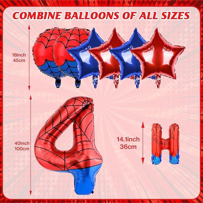 Spider Themed Happy Birthday Banner Party Decorations Set Including 40 Inch Number 4 Foil Balloons, Themed Party Essentials, Colorful Superhero Backdrop Supplies for Boys Indoor Outdoor Celebration