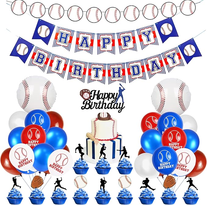 53 PCS Baseball Party Decorations Baseball Party Supplies Including Happy Birthday Banner Balloons and Baseball cake toppers for Sports Theme Birthday Party and Baseball Theme Party Decor