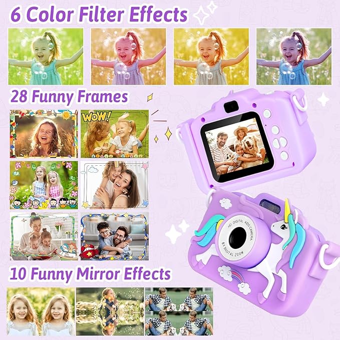 Unicorn Camera for Kids - Toddler Digital Selfie Camera with Silicone Cover, Flash and 32GB SD Card - Children Toy HD Video Kids Camera for Girls and Boys 3-12 Years - Purple