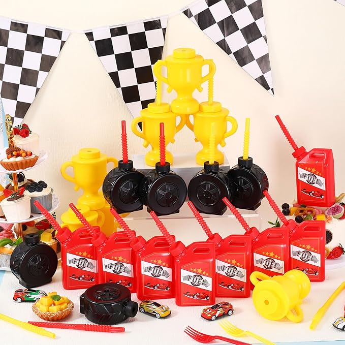 Mifoci 24 Pcs Race Car Cups with Straws Plastic Traffic Tire Shaped Cup Red Race Car Fuel Cups Yellow Trophy Cups Race Car Party Supplies for Racing Car Construction Birthday Party Decoration