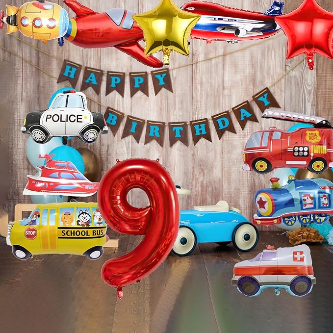12pcs Transportation Balloons, Truck Plane School Bus Fire Truck Police Car Ship Ambulance Submarine Foil Balloon, Transportation 9th Birthday Vehicles Theme Party Supplies Decorations (9th)