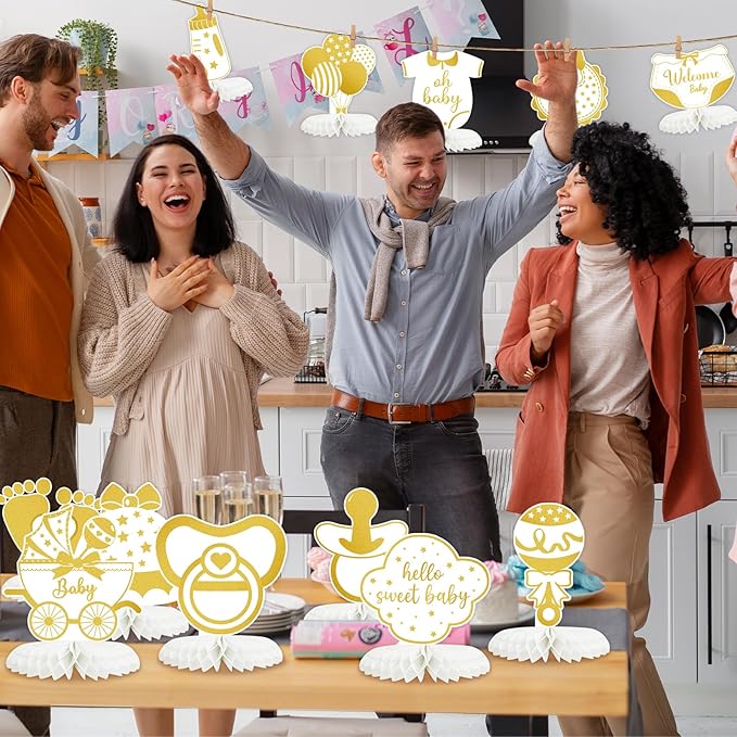 Tarklanda 12 Pcs Baby Shower Decorations Centerpieces Gender Reveal Gold Honeycomb Table Centerpiece for Birthday Party Baby Showers Table Topper Supplies